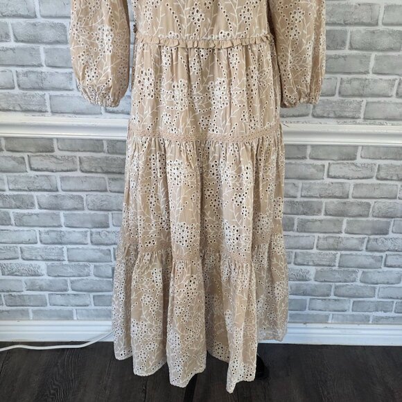 Chicos Cotton Eyelet Tiered Maxi Dress Long Bishop Sleeve Cottage Prairie Med - Picture 9 of 9